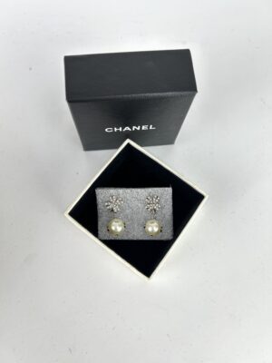 Chanel  Logo Cc Clover Rhinestone Pearl Dangle Earrings