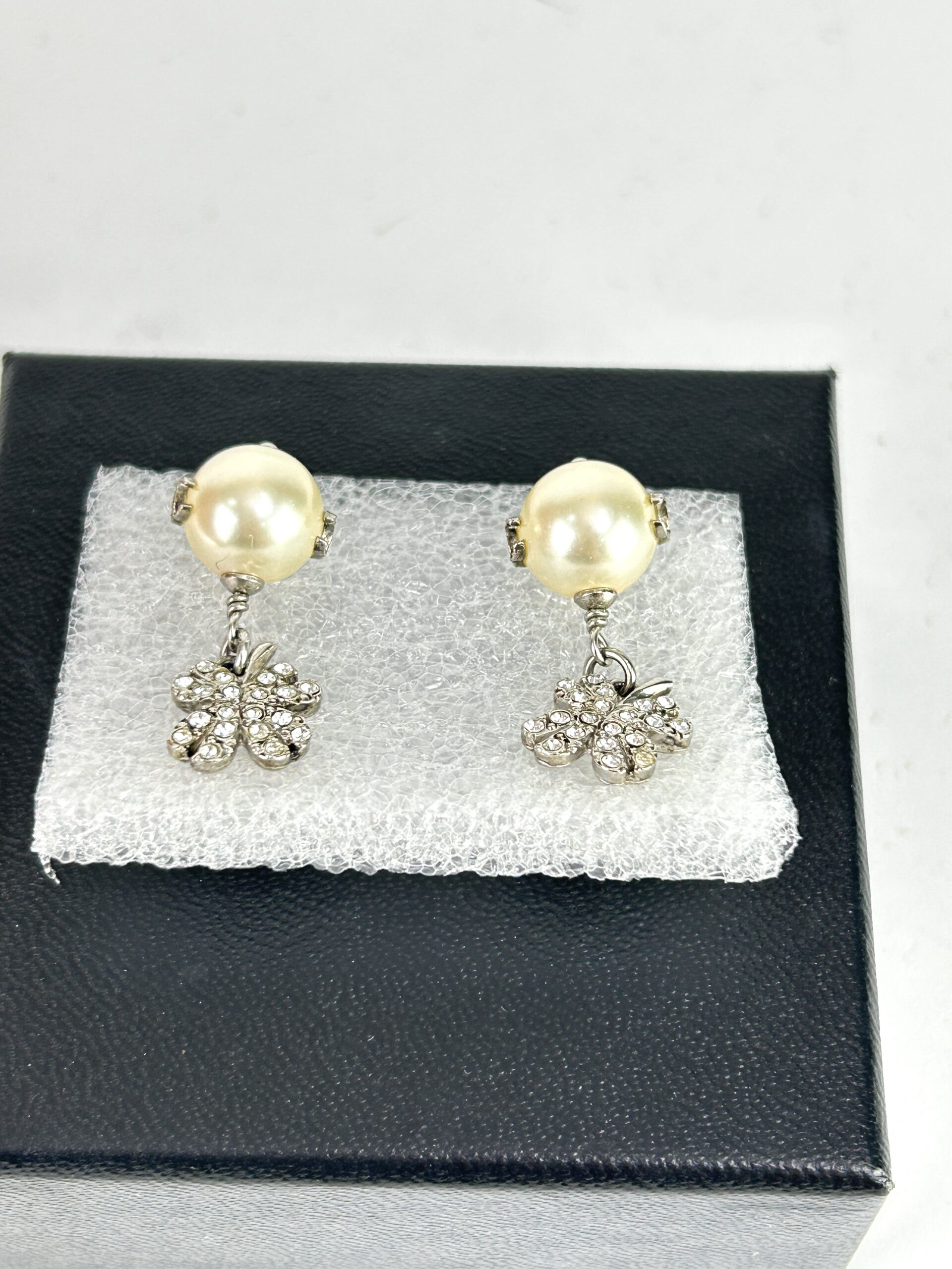 Chanel Logo Cc Clover Rhinestone Pearl Dangle Earrings - Image 5