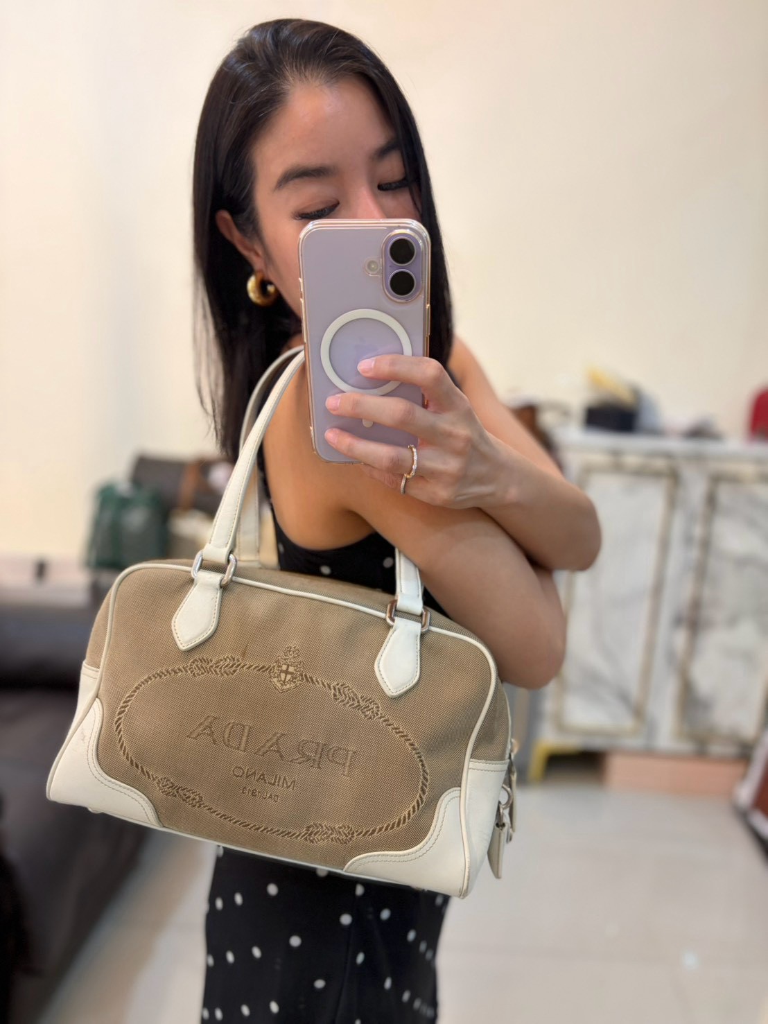 Prada Logo Jacquard Bauletto Bag - Image 2