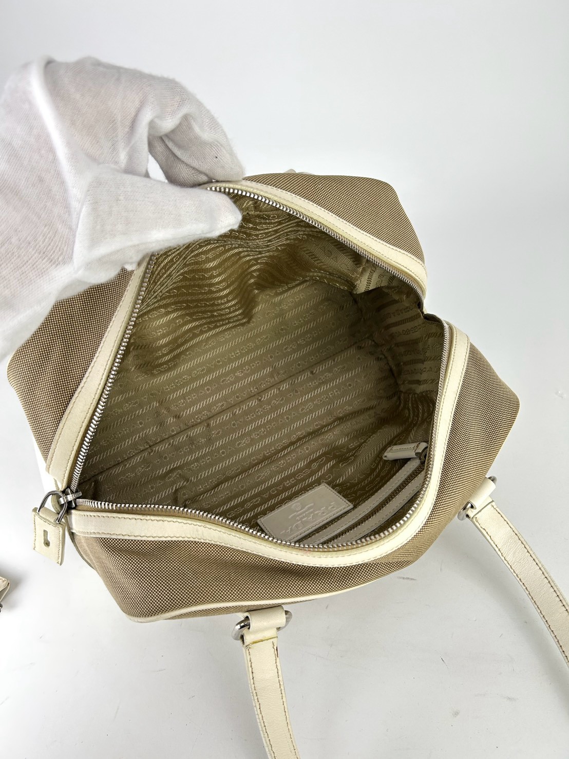 Prada Logo Jacquard Bauletto Bag - Image 6